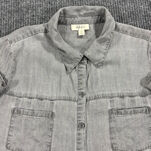 Style & Co Button Down Shirt Women PXL Grey Lyocell Pleated Front RollTab Sleeve